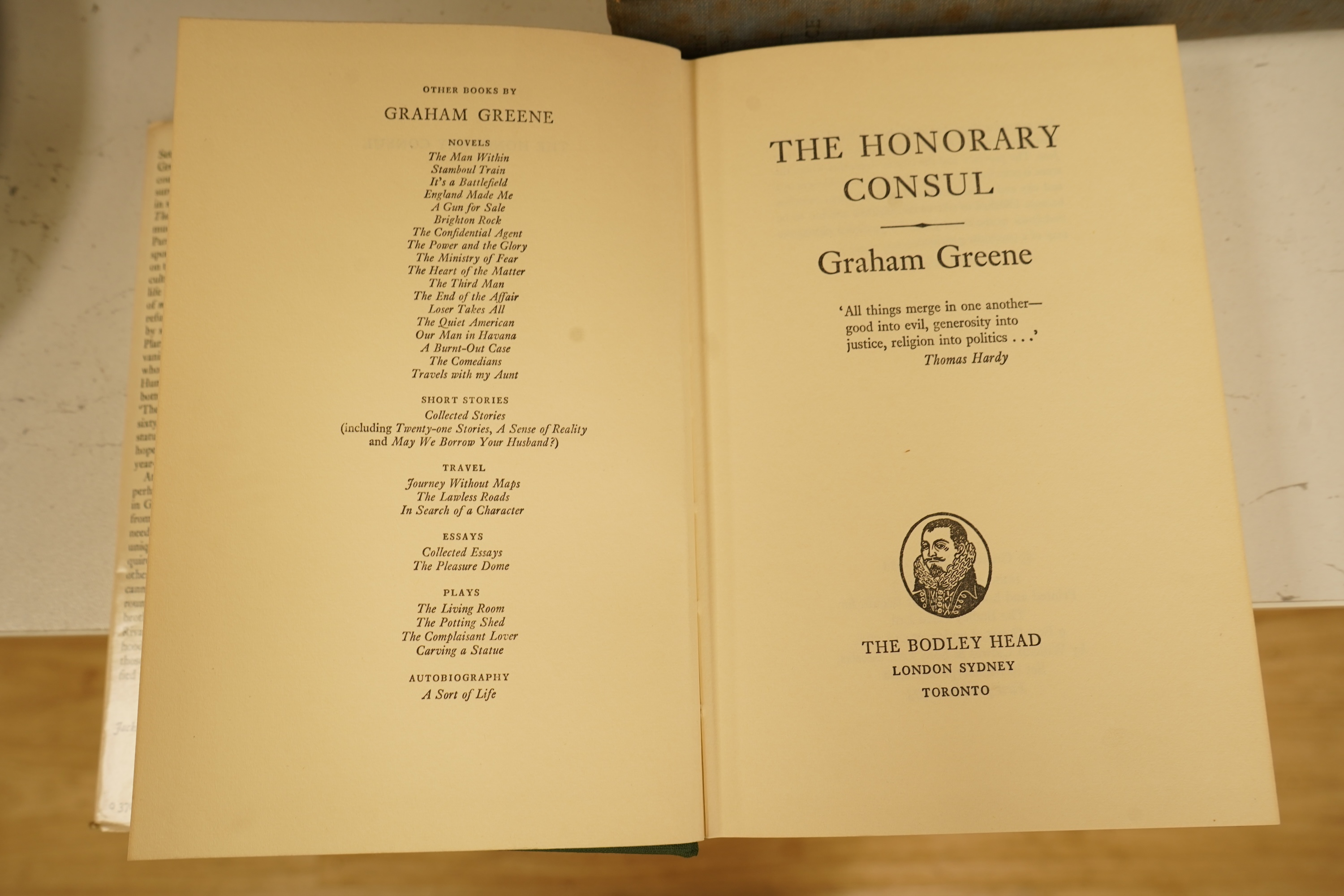 Greene, Graham - The Honorary Consul, 1st edition. publisher's cloth and d/wrapper. 1973; together with three others by the same author (all first editions, in d/wrappers)